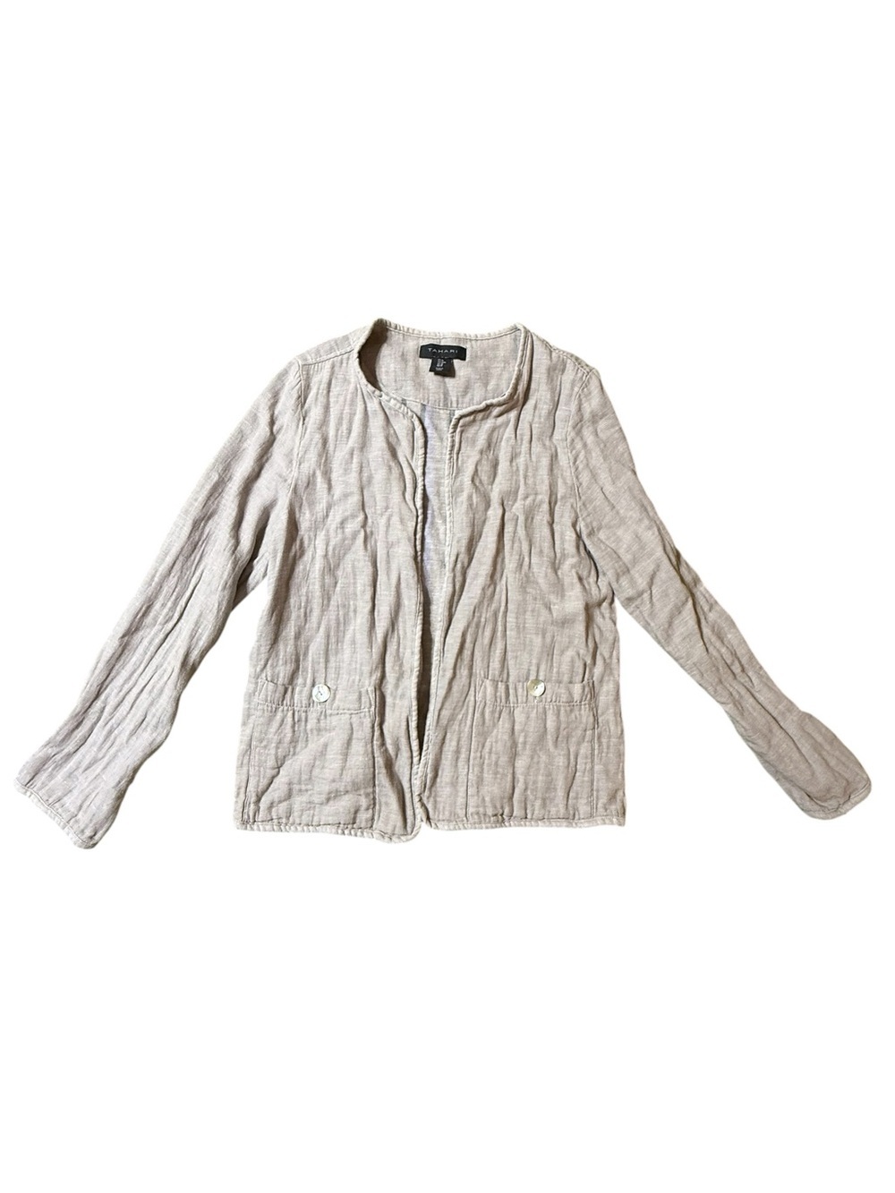 Tahari Linen Cotton Open Front Jacket Women's M Gray Pockets Lightweight Gauze